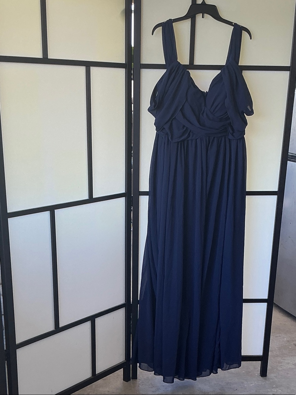 Navy Blue Chiffon Maxi Dress - Sleeveless Ruched Bodice